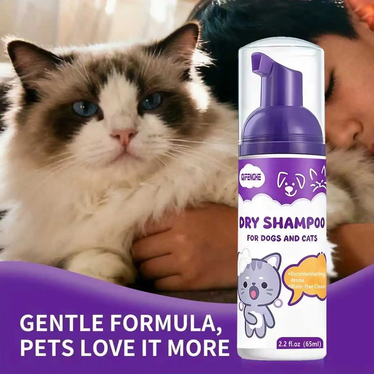 QIFENGHE 65ml Pet Dry Shampoo Foam, Waterless No-Rinse Cleaner for Dogs & Cats, Gentle Decontaminating Aroma Foam Shampoo for Pe