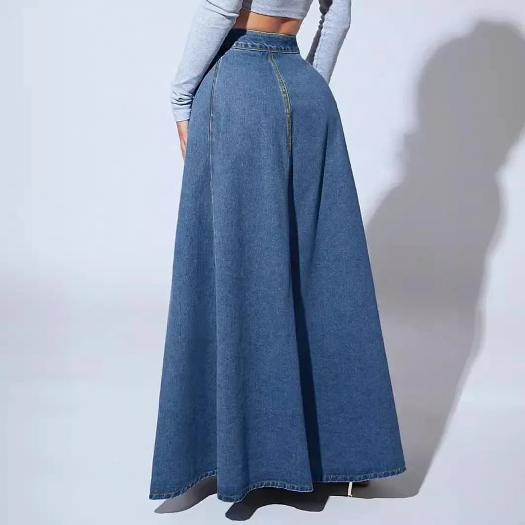 High Waist A-Line Denim Maxi Skirt
