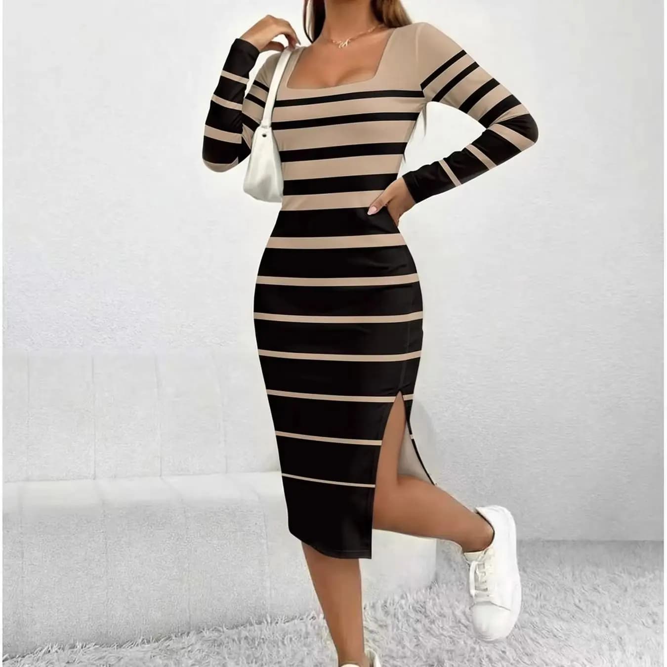 Women's Striped Maxi Dress with Square Neck