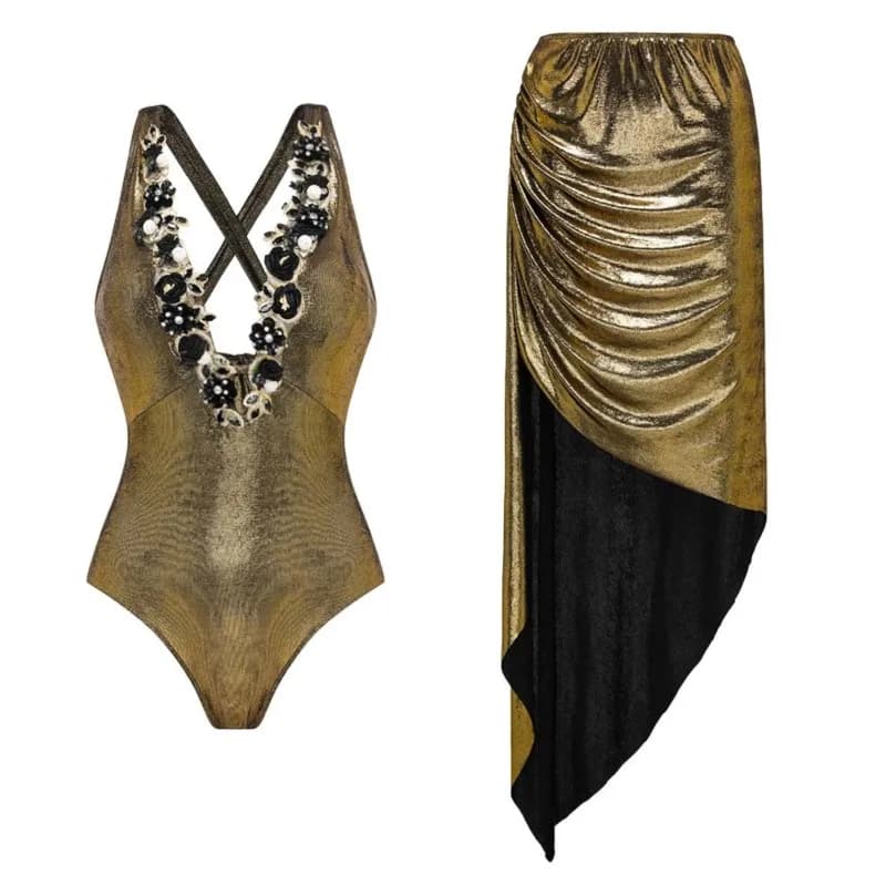 Women's Ruffle Print Bikini Bodysuit With Skirt
