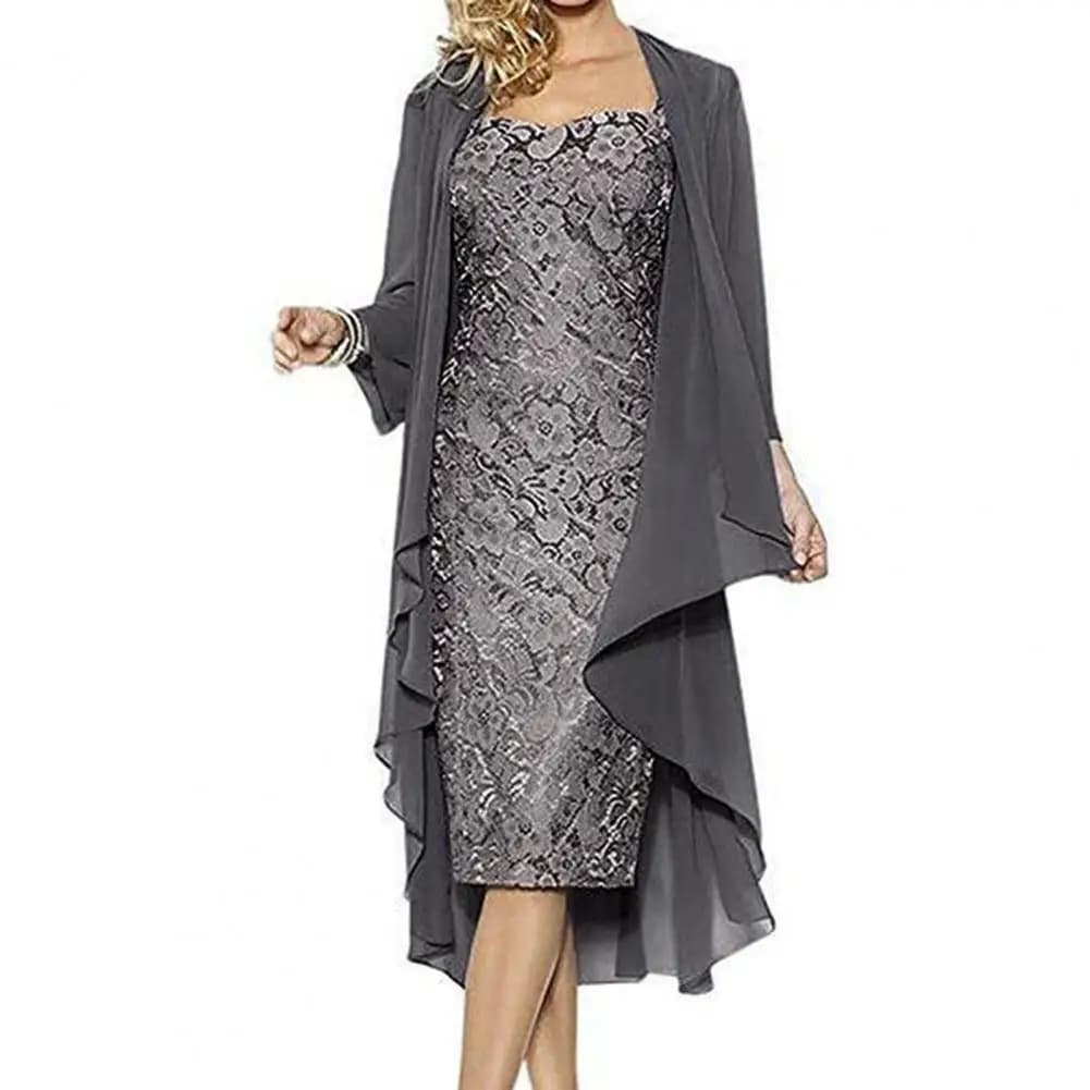 Elegant Lace Flower Pattern Dress with Cardigan