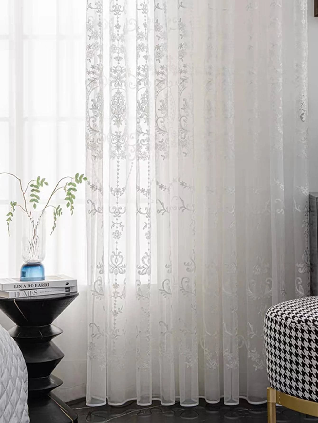 White Embroidered Floral Voile Sheer Curtains