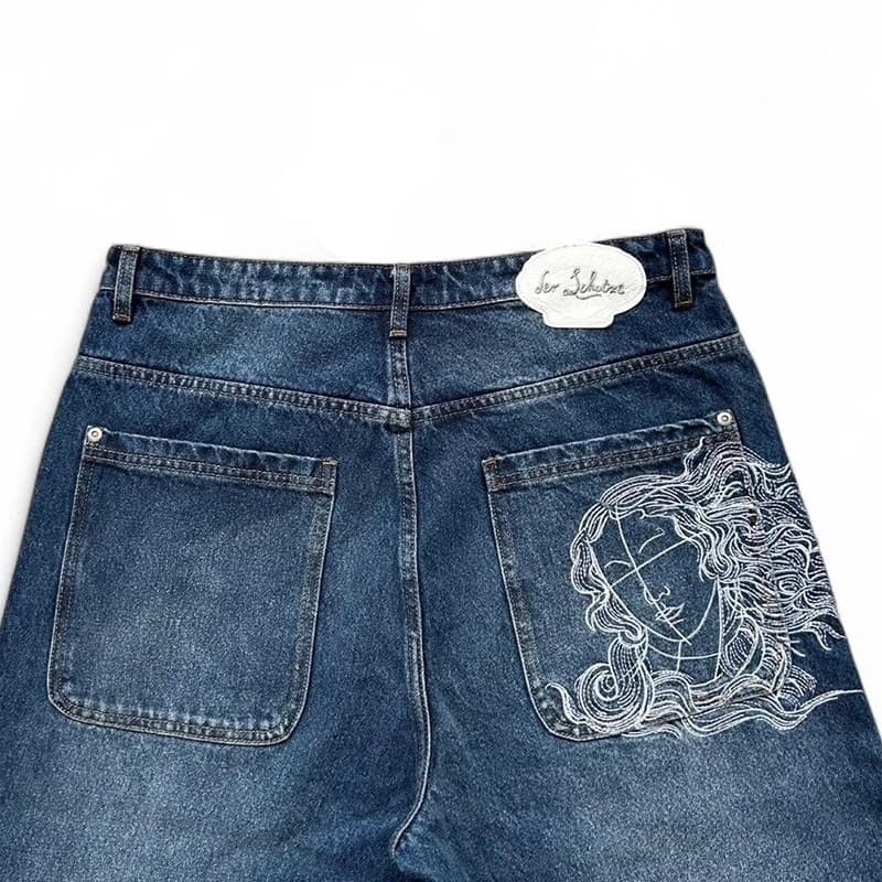 Women's High-Waist Straight-Leg Embroidered Denim