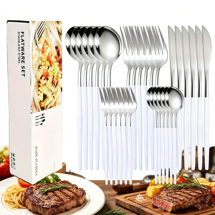 30-Piece Silver White Silverware Set for 6