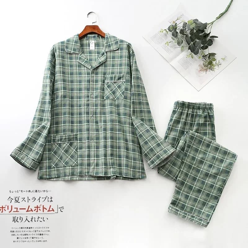 Pajama Men Clothing Sets for Spring Autumn and Winter Long-sleeved Trousers Suits Brushed Cloth Cotton Plaid Pajamas Men Suit
