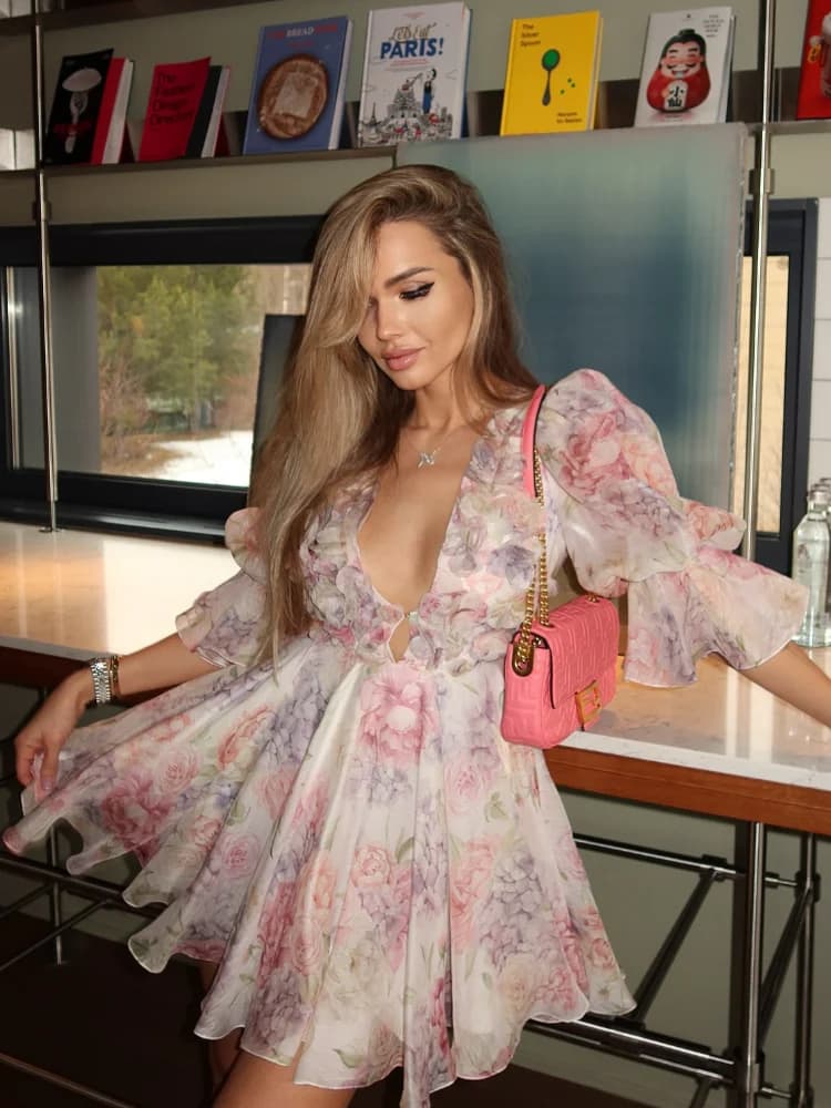 2026 Women Trendy Printed Party Dresses Elegant Flare Sleeve  V Neck Pleated High Waist Vestidos Fashion Lady Chic Evening Gowns