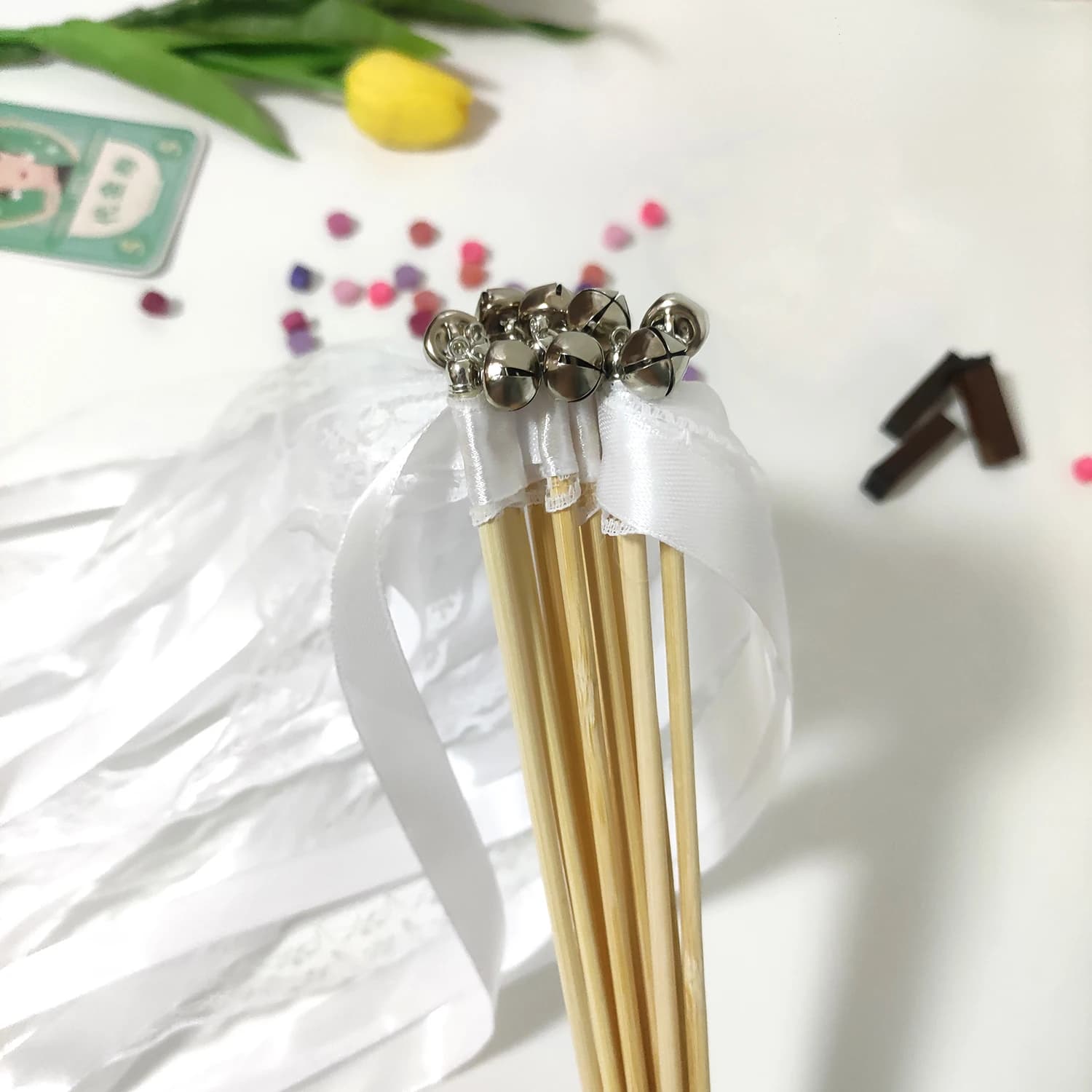 White Ribbon Wand with Lace and Bells