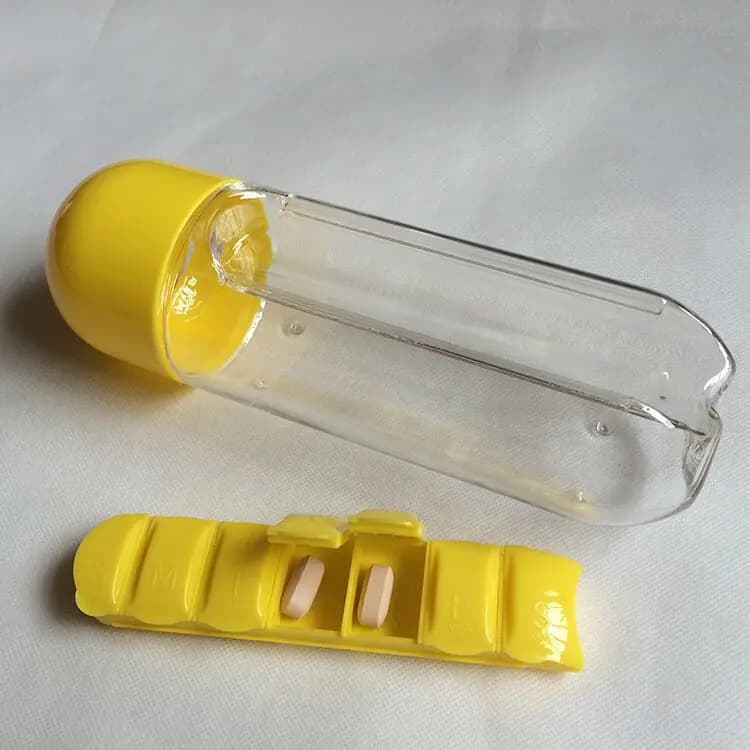 Portable Water Bottle with Built-in Pill Box for Medicines, Vitamins, Perfect for Outdoor, Gym, Fitness, Camping and Traveling
