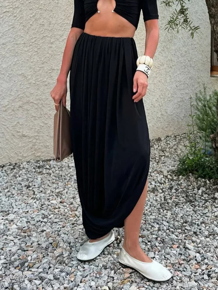 Pleated Mesh High Waist Maxi Skirt