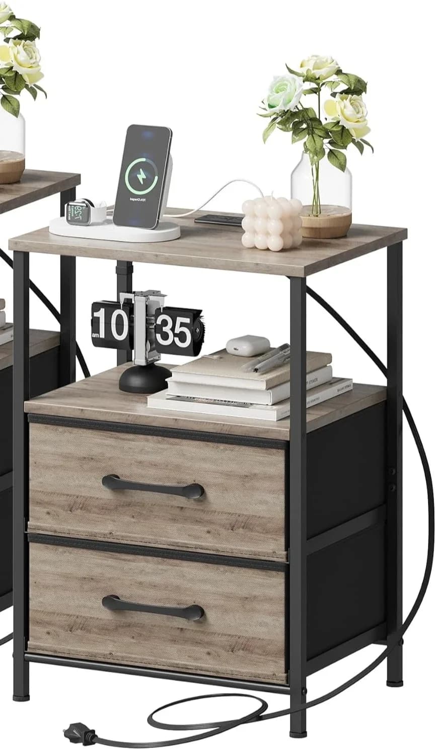 Nightstands Set Charging Station Cool Lights Bedside Table Fabric Drawers Bedroom Small Side End Table With Open Shelf Greige