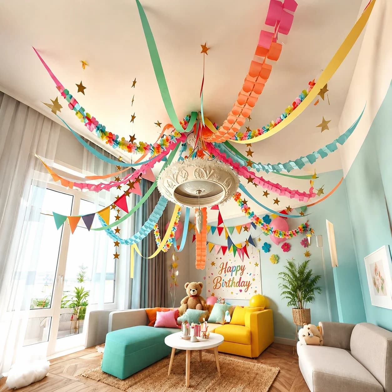 Rainbow Party Decorations Set with 5 Colorful Crepe Paper Streamers,Star Garland for Birthday, Wedding,Graduation Party Supplies