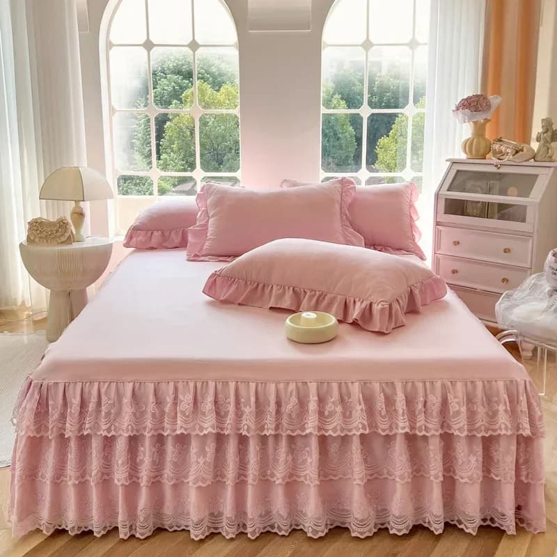 Three Layer Gauze Lace Bed Cover with Ruffled Edge