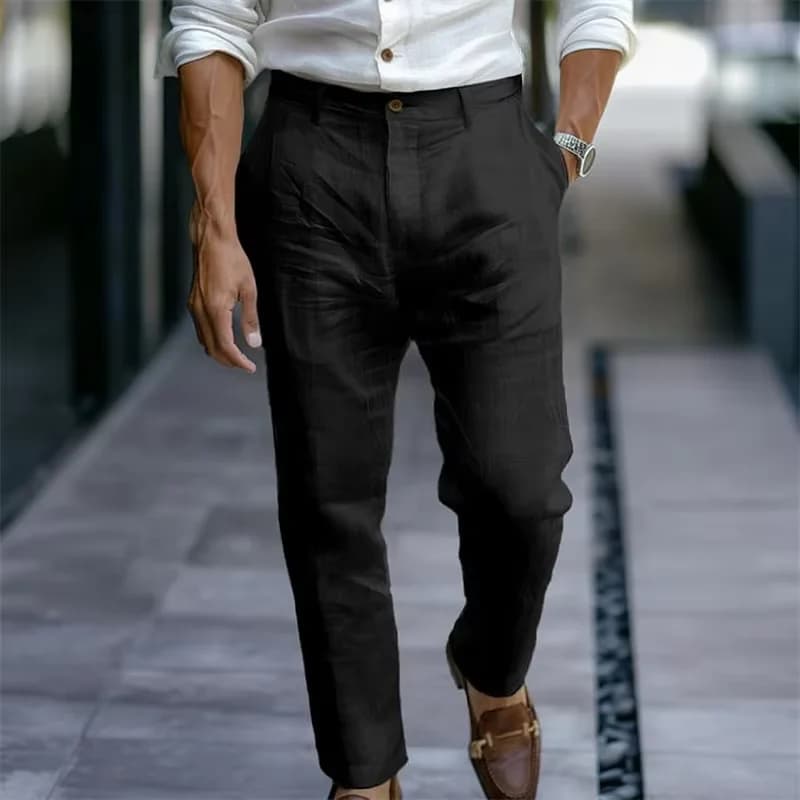Men's Khaki Linen Blend High Waist Tapered Ankle Pants