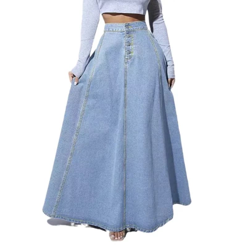 High Waist A-Line Denim Maxi Skirt