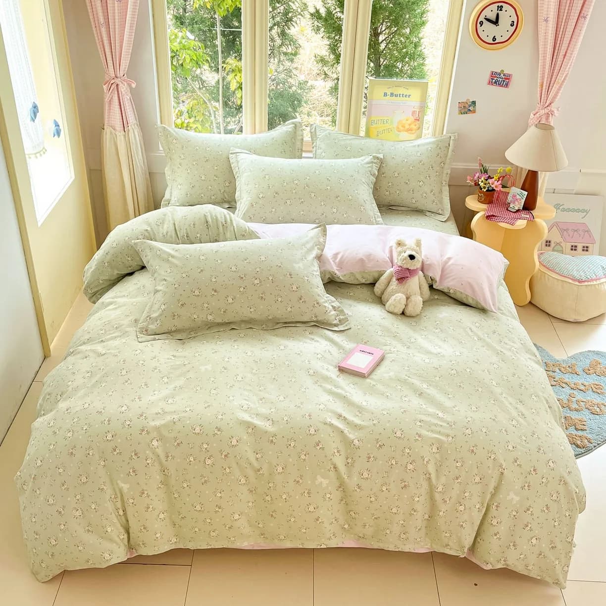 Cartoon Print 100% Cotton Bedding Sets Queen King Floral Duvet Cover Set with Flat Sheets and Pillowcase Single Double Bed Set