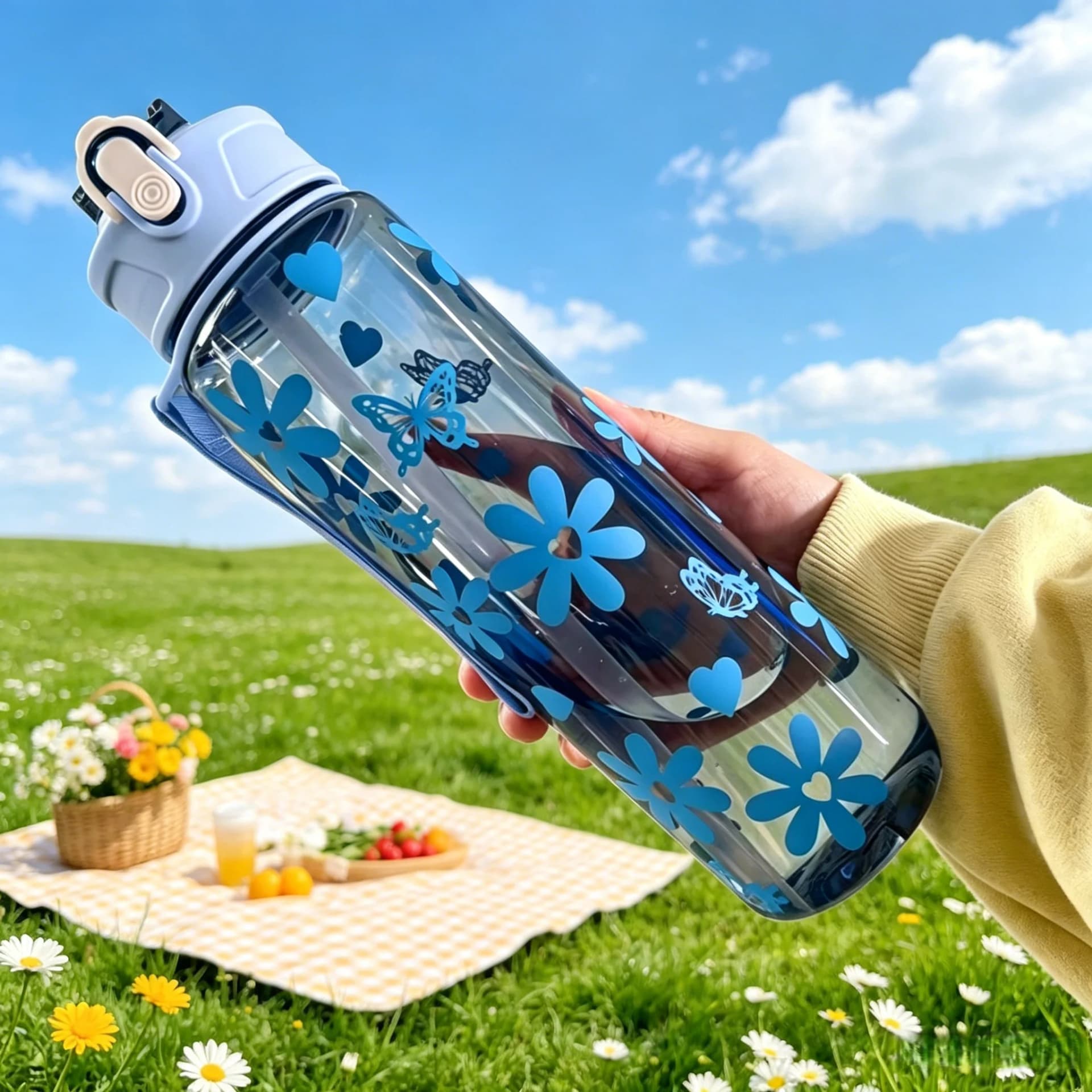 Water Bottle with Full Print of Flowers and Bowknot Patterns, Trendy & Stylish, Lightweight with Portable Lanyard, Durable