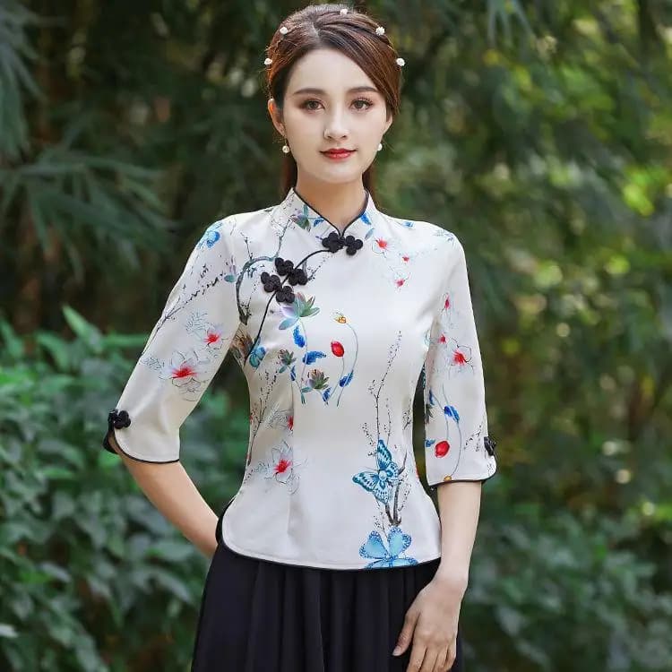 Embroidered Qipao Cheongsam Top with Pants Set
