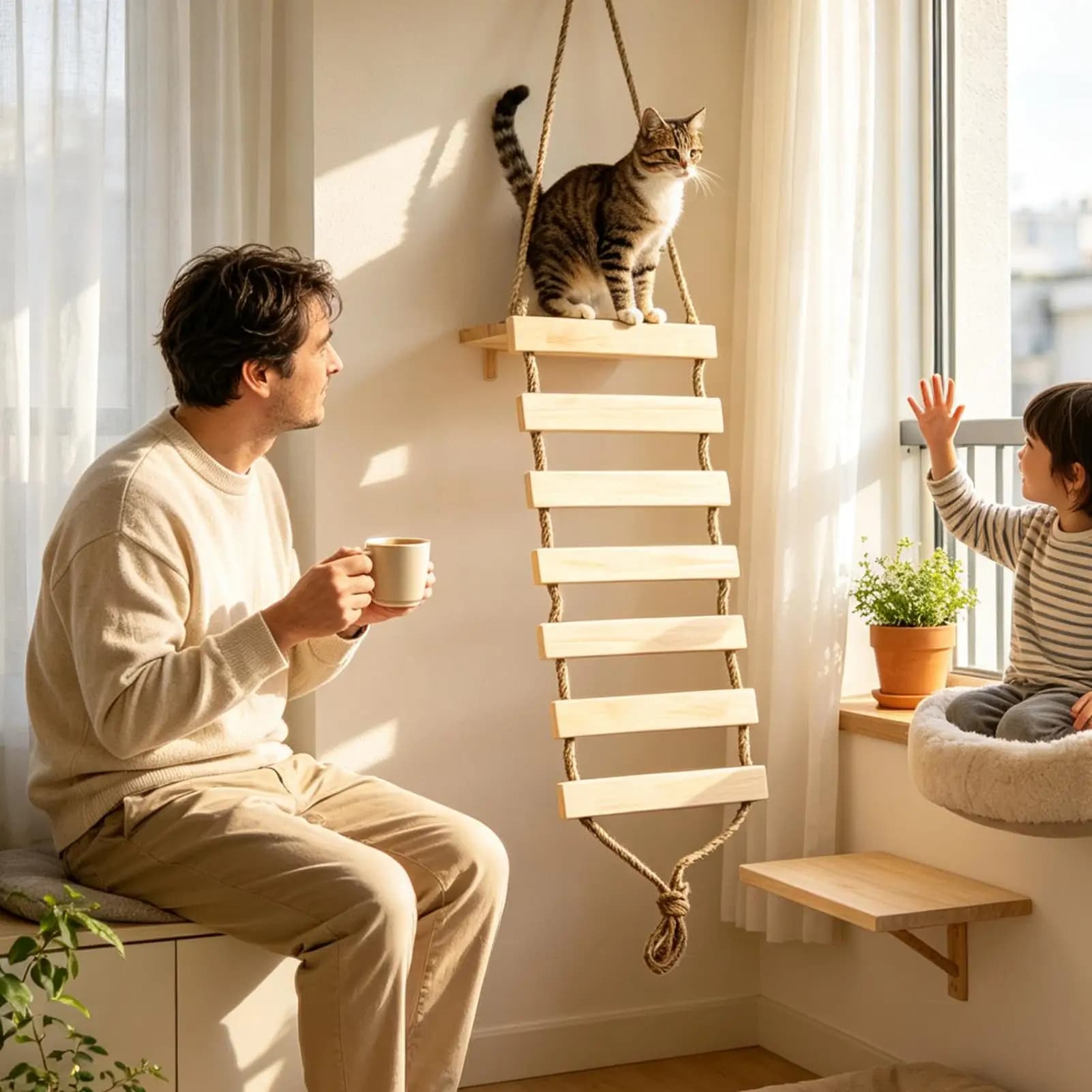 Wall-Mounted Cat Bridge Multi-Level Wooden Steps