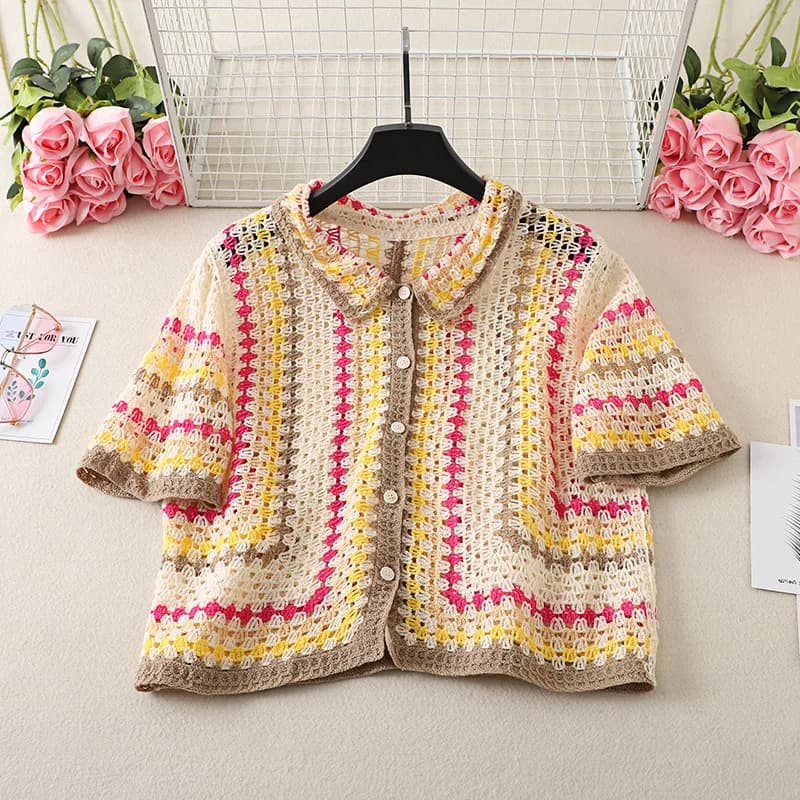 Short Sleeve Striped Crochet Collared Shirt