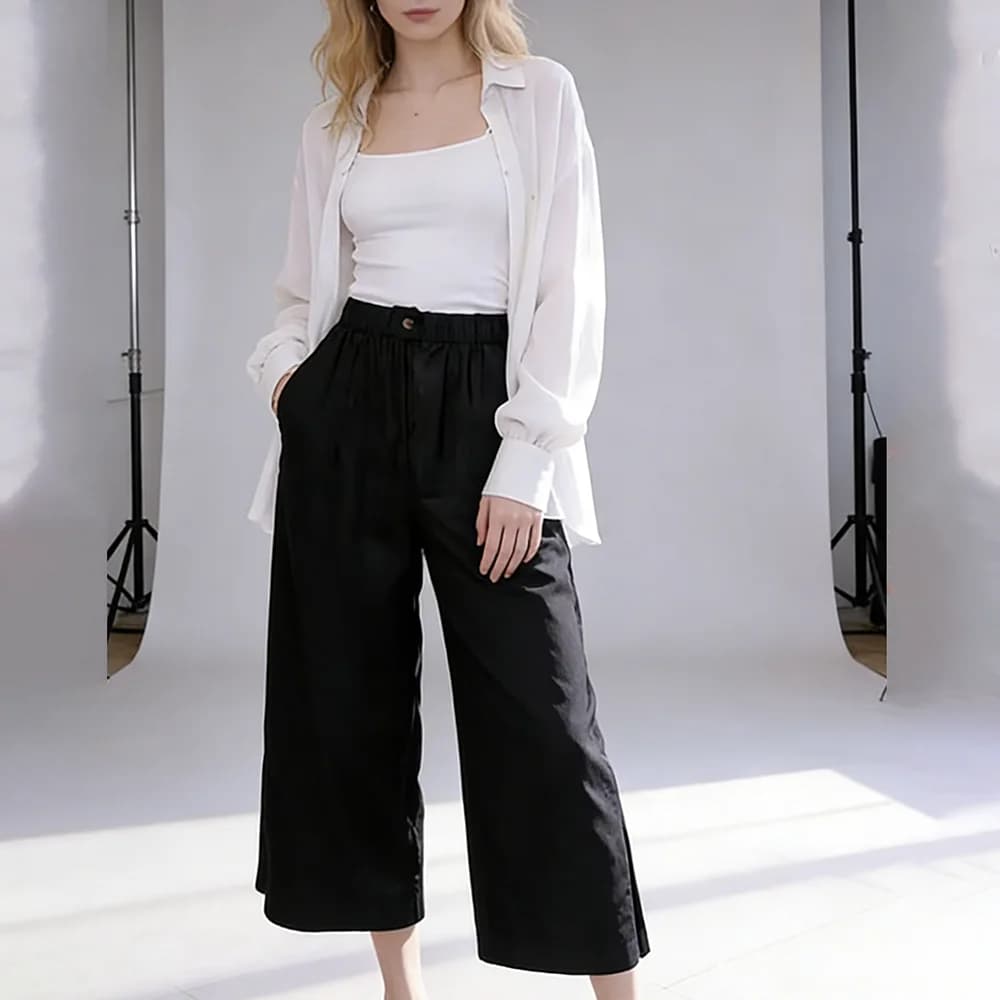 Black Wide Leg Casual Trousers with Pockets