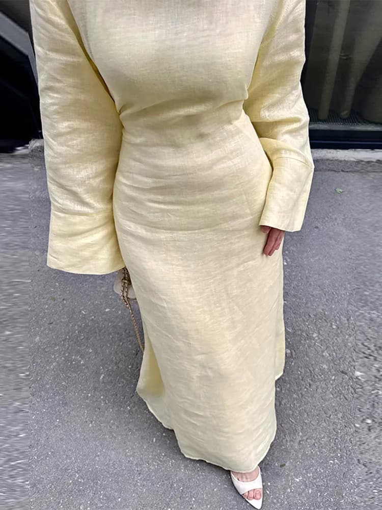 Women' Dresses Elegant O-Neck Cotton Lined Back Lace Up  Flare Sleeve Waist Cinching Long Robes Female Summer Lady Dress