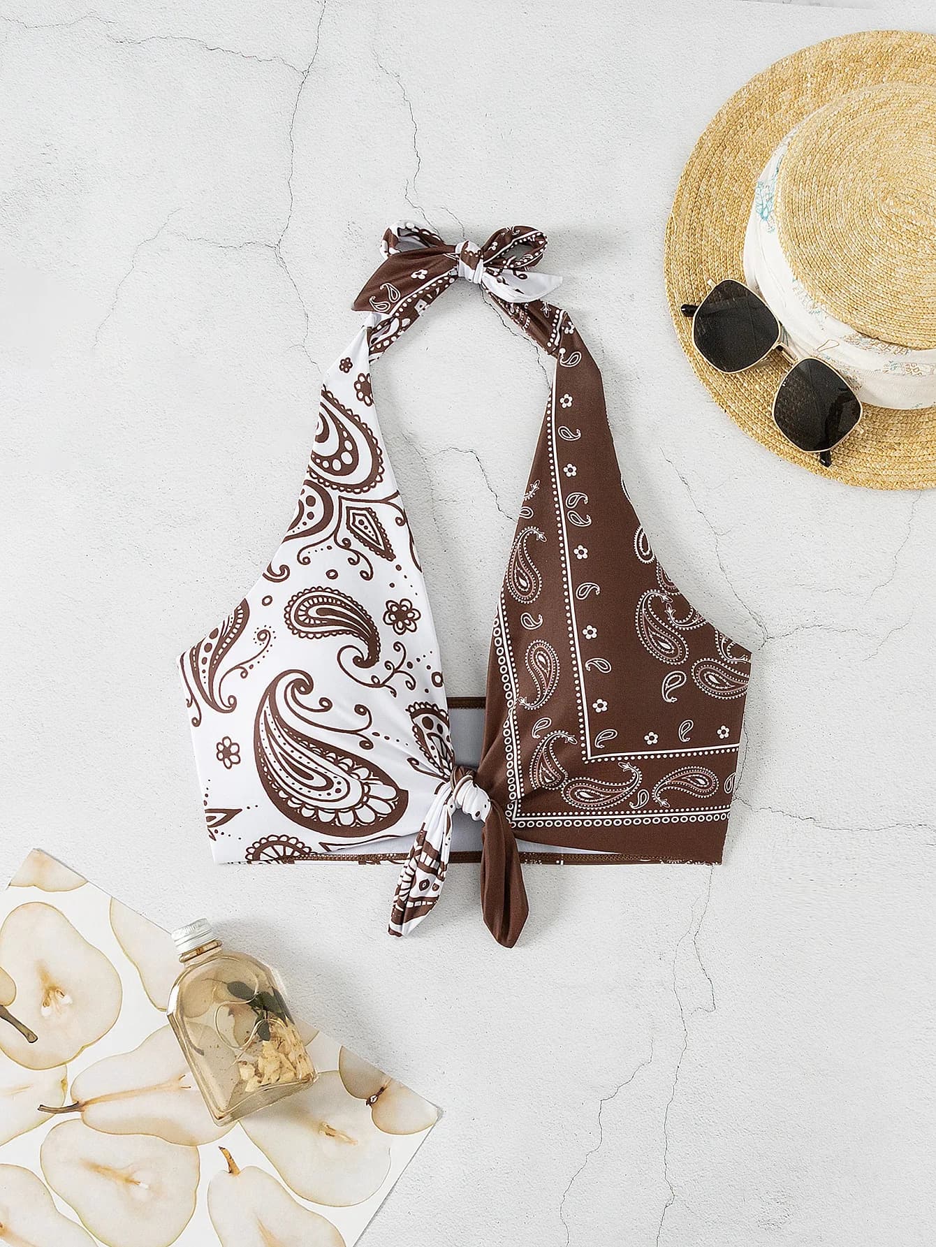Halter Padded Bikini Top with Bowknot Print
