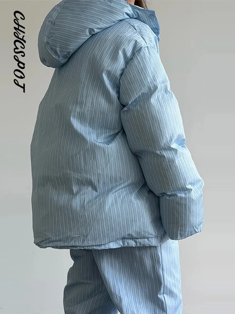 Women's Striped Hooded Padded Jacket and Lantern Pants Set