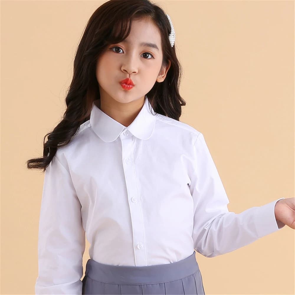 Girls White Long Sleeve School Uniform Cotton Blouse