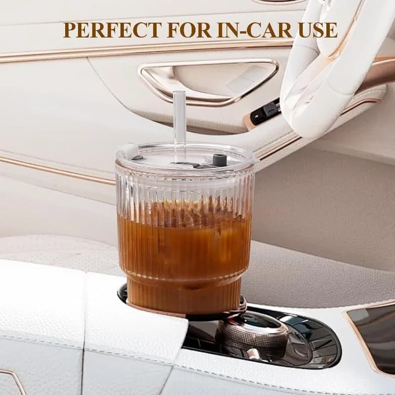 Striped Glass Coffee Cup with Lid and Straw