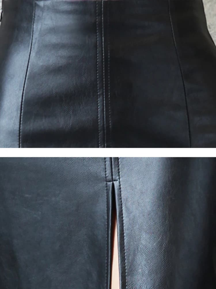 Black Leather Midi Pencil Skirt with Slit