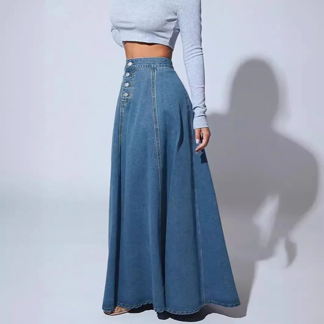 High Waist A-Line Denim Maxi Skirt