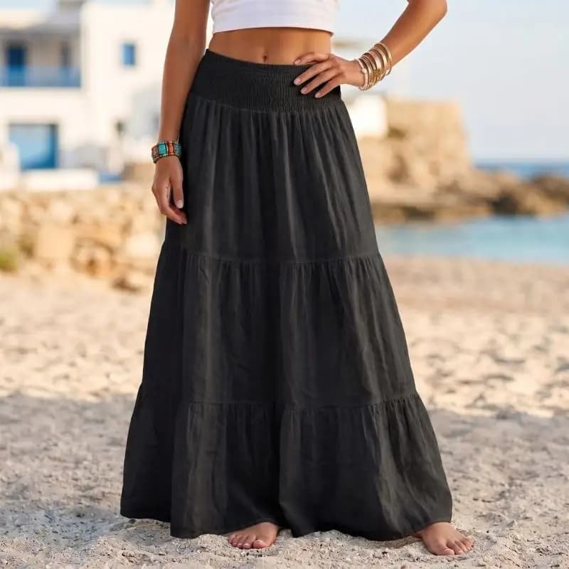 Women's Full Length Maxi Skirt with Shirred Waist