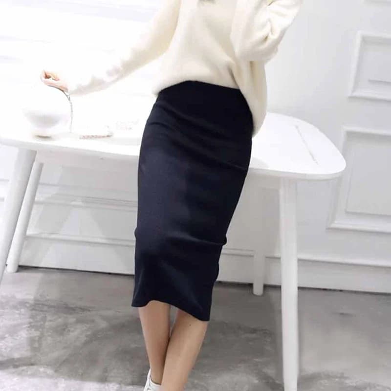 Women's Black Pencil Skirt Wool Rib Knit
