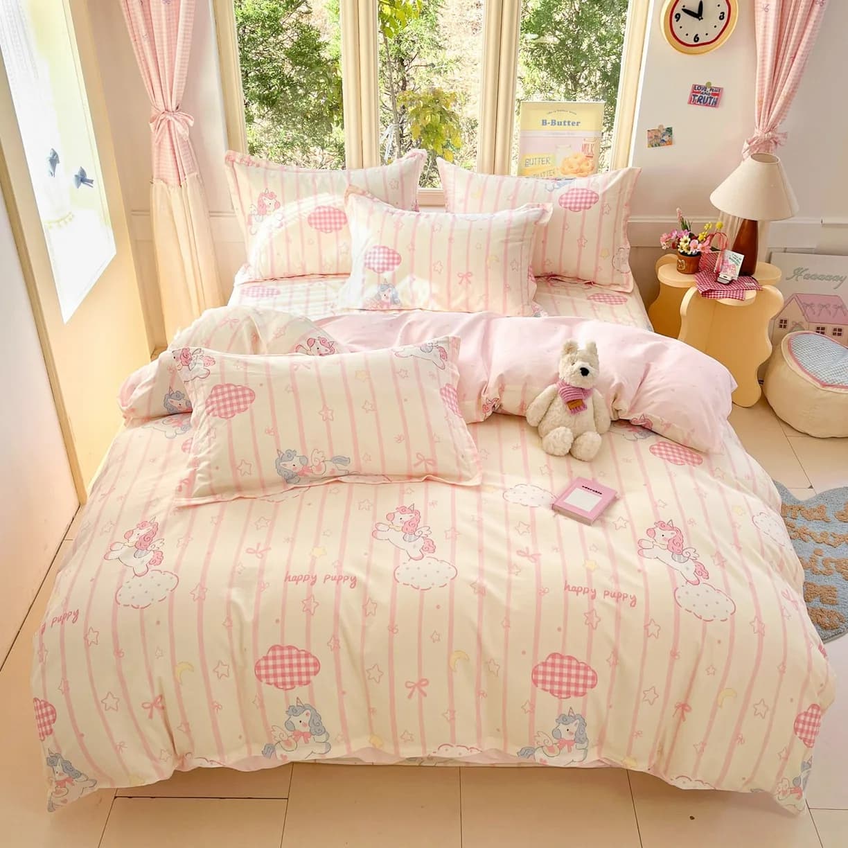 Cartoon Print 100% Cotton Bedding Sets Queen King Floral Duvet Cover Set with Flat Sheets and Pillowcase Single Double Bed Set