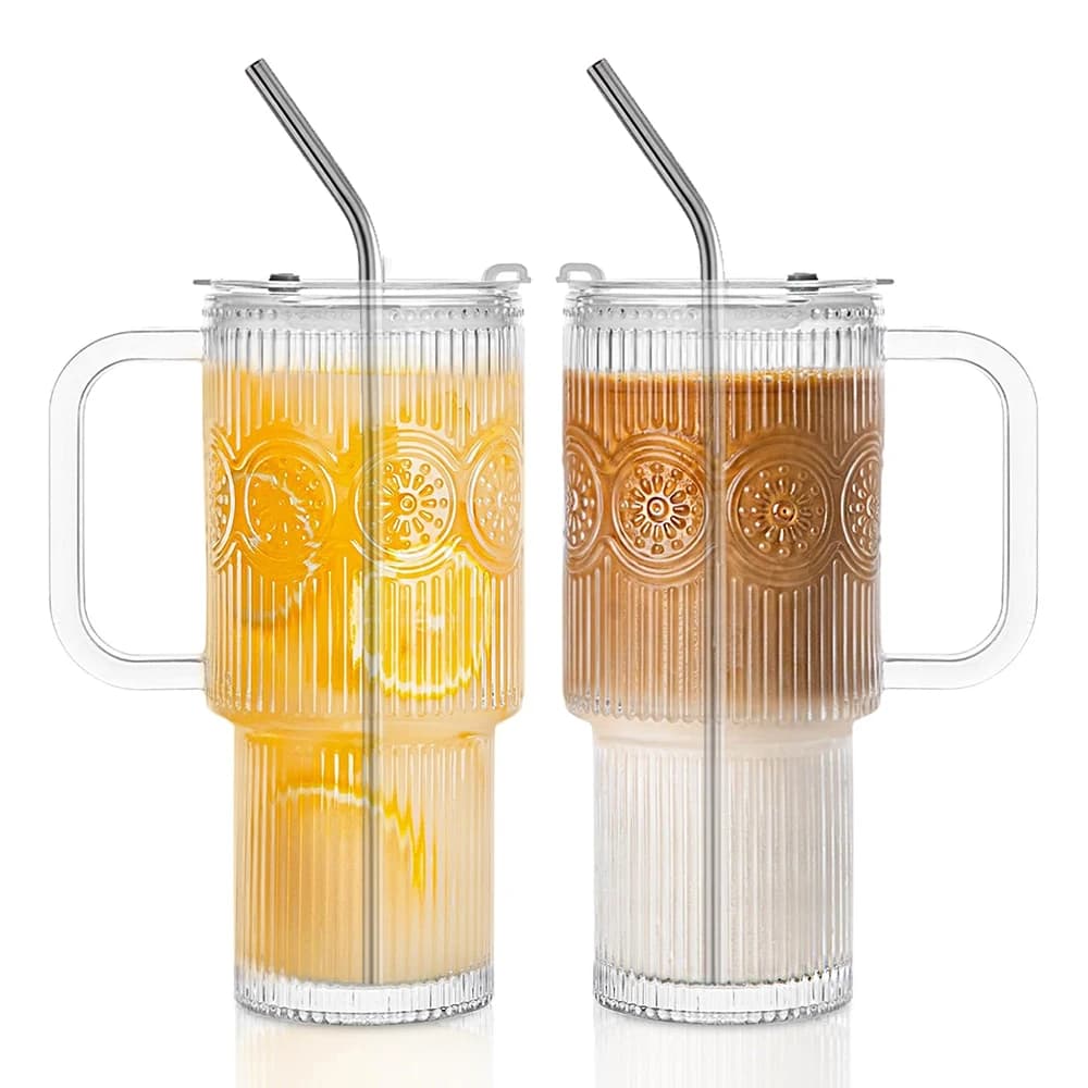500 ML Ribbed Glass Tumblers with Lids and Straws
