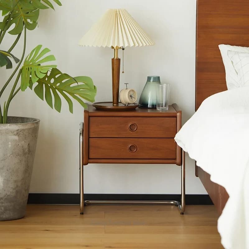 Compact Modern Minimalist Solid Wood Nightstand with Storage Drawers for Small Bedroom, Bedside Cabinet