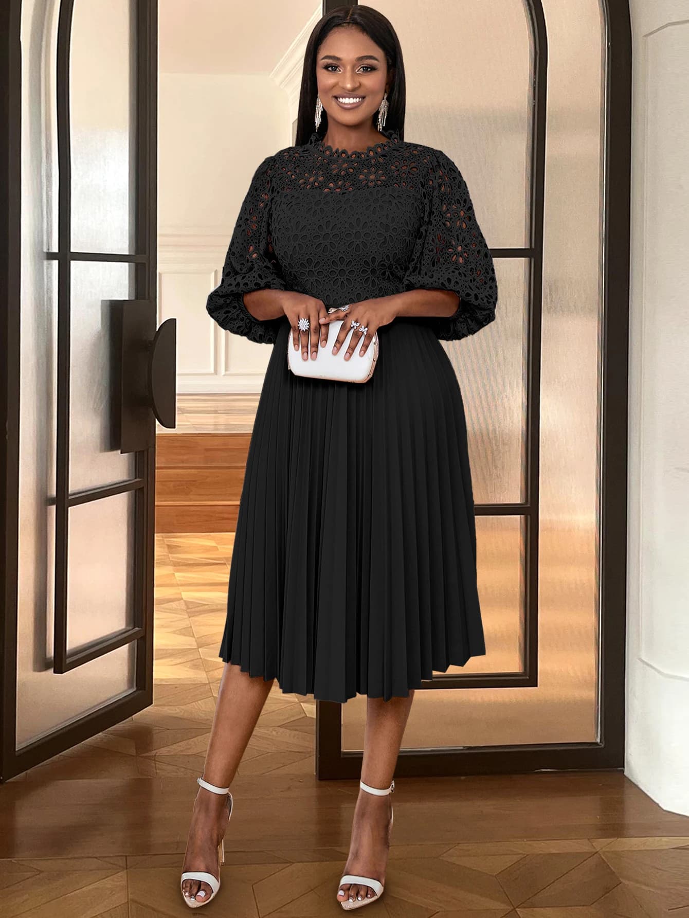 White Lace Puff Sleeve Pleated A-Line Dress