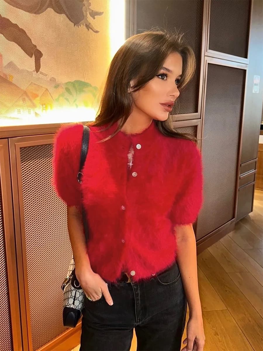 Women Fall Winter Fashion Vintage Half High Neck Slim Short Sleeve Knitted Cardigan Sweater