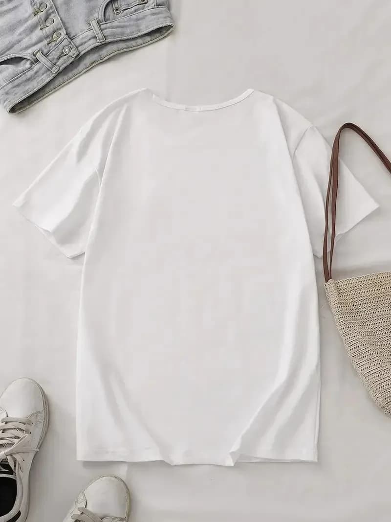 Women's T-shirt  More Amor Por Favor Heart Checkerboard Print Casual Loose T Shirt Streetwear Daily Wear Durable Casual T Shirt