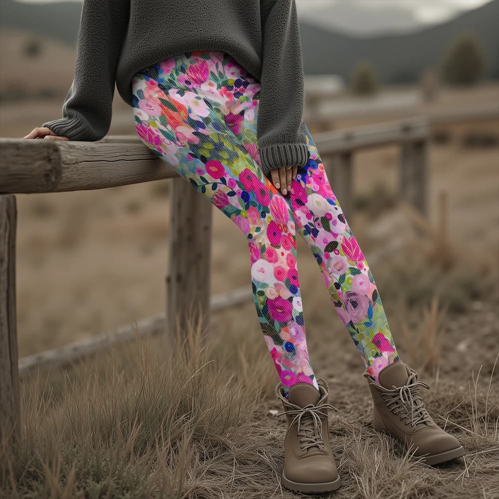 Colorful Blooming Flowers Pattern Women's Leggings Autumn Winter Warm Fashion Tights Stylish Outdoor Look Fashion Streetwear