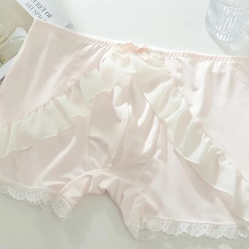 Men's Boxer Briefs Sexy Ruffle Lace Trim Satin Underwear With Bow Decor Soft Breathable Mid Rise Boxers