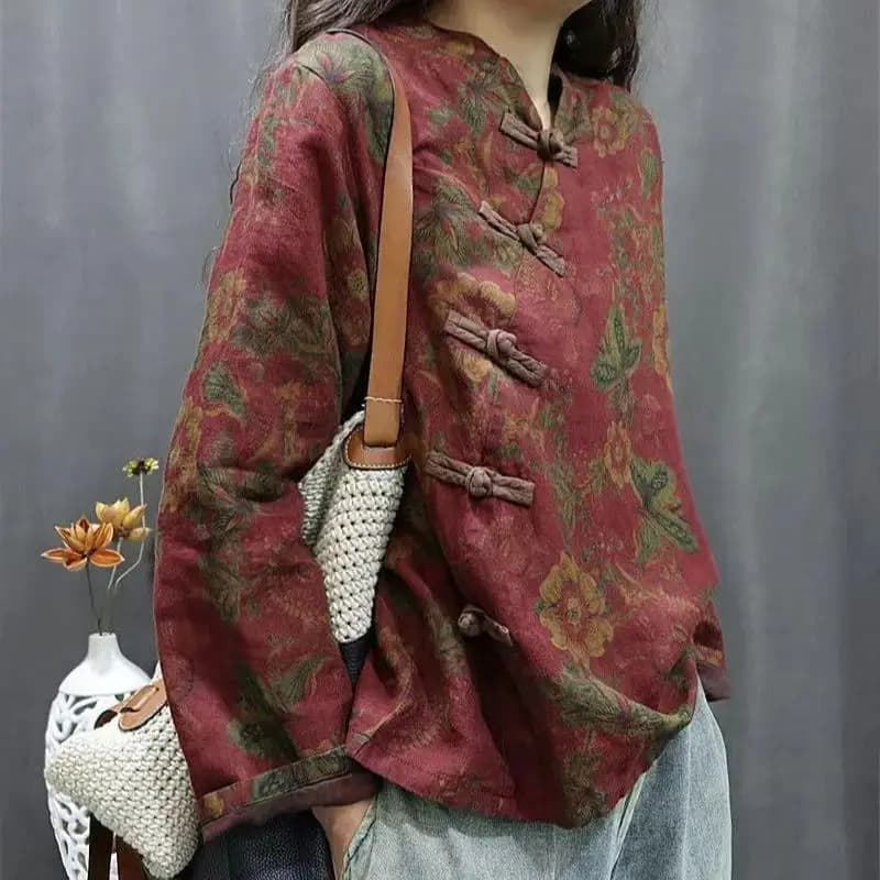 Ethnic Floral Slant Collar Blouse