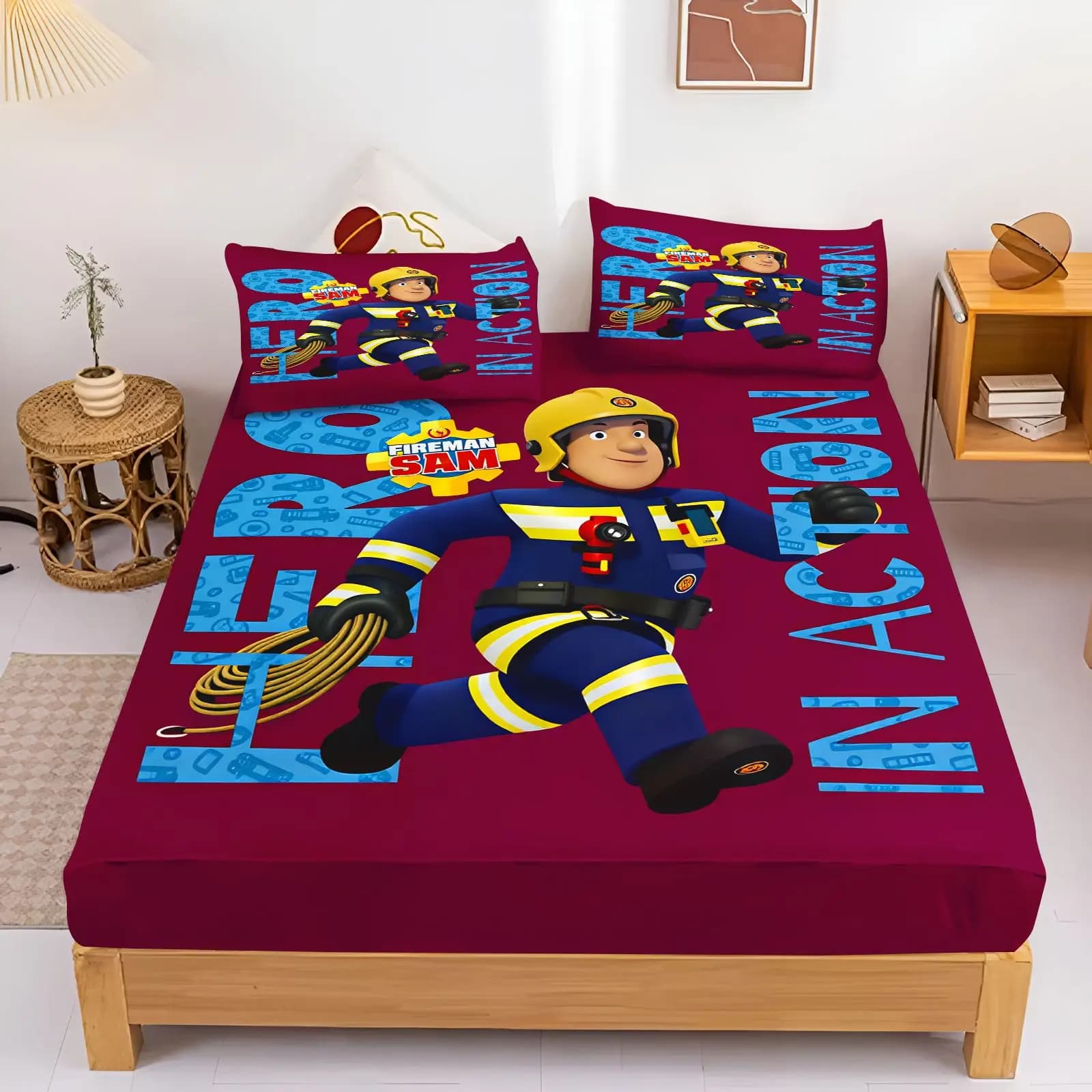 Fireman Sam Bedding Set Fitted Sheet Pillowcase Kids Cartoon Bed Cover Bedroom Decor Bed Sheets Home Textile