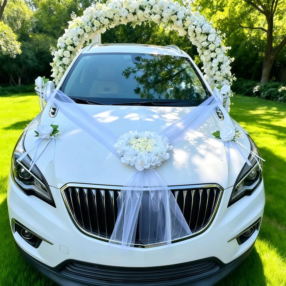 Wedding Car Decoration Full Set Romantic Wedding Car Decor with Tulle Accessories Simulated White Rose Complete Main Car Set