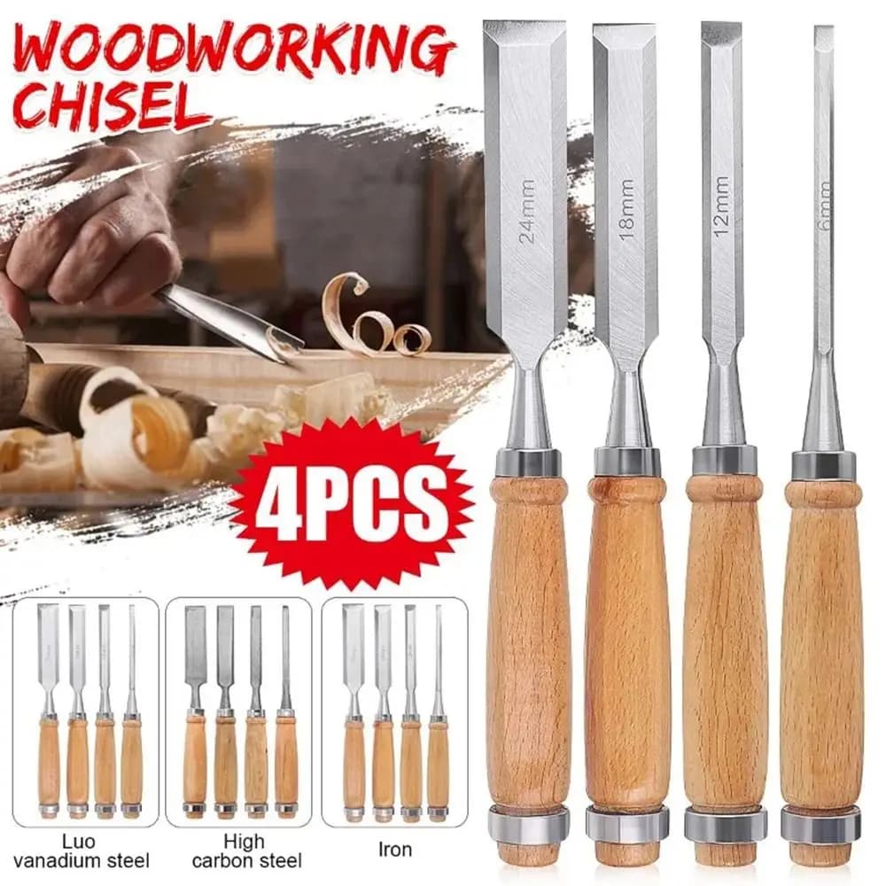 4Pcs/set Manual Wood Carving Hand Chisel Tool Set Hand Tools Woodworking Gouges Wooden Handle DIY Tool Chisel Carpenters