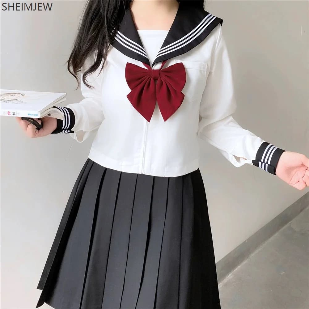 Japanese School Sailor Uniform Black White Three-Piece Set