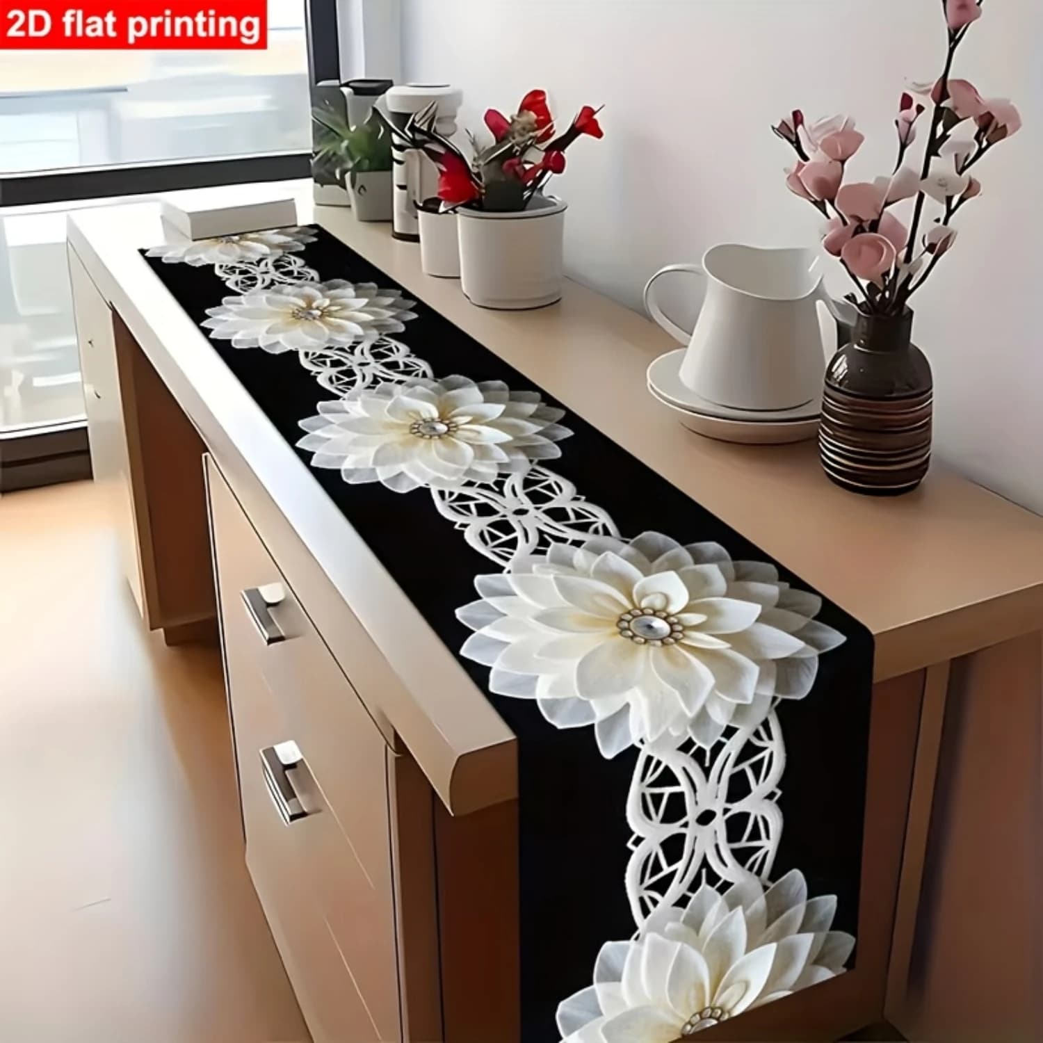 White Floral Linen Table Runner