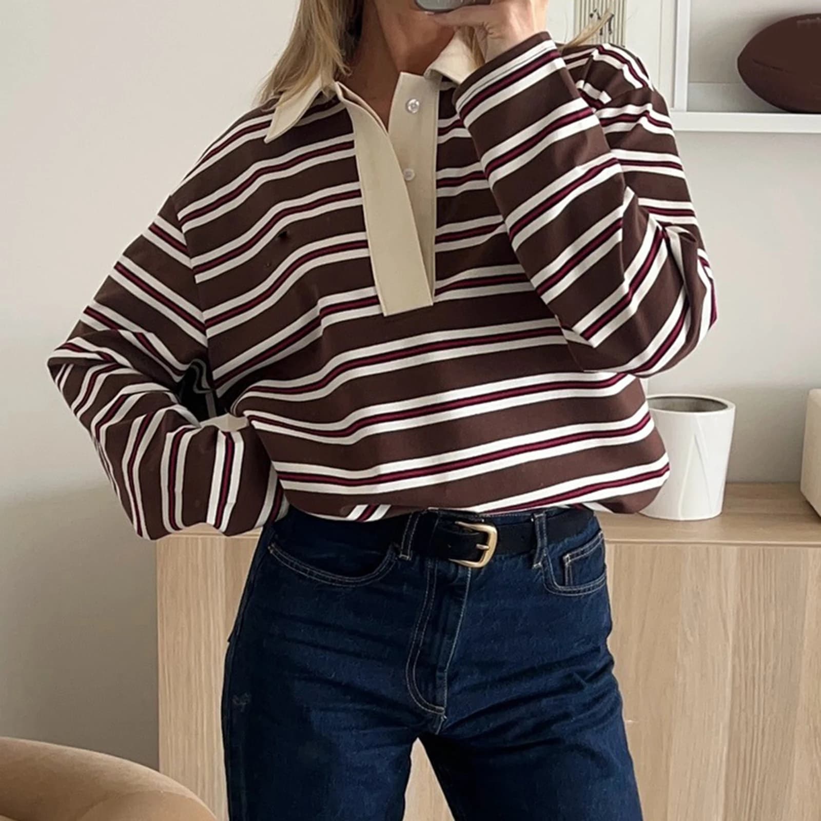 Women's Spring Fall Fashionable  Striped Print Collared Tops Casual Long Sleeve Loose Fit Lapel T-shirts