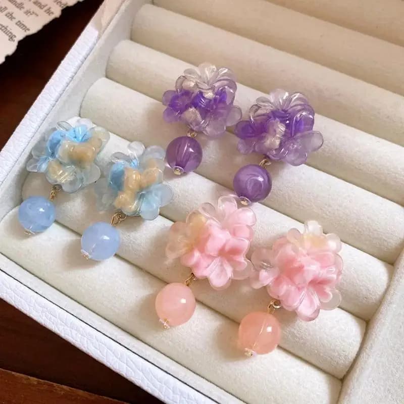 Floral Drop Earrings with Resin Pendant