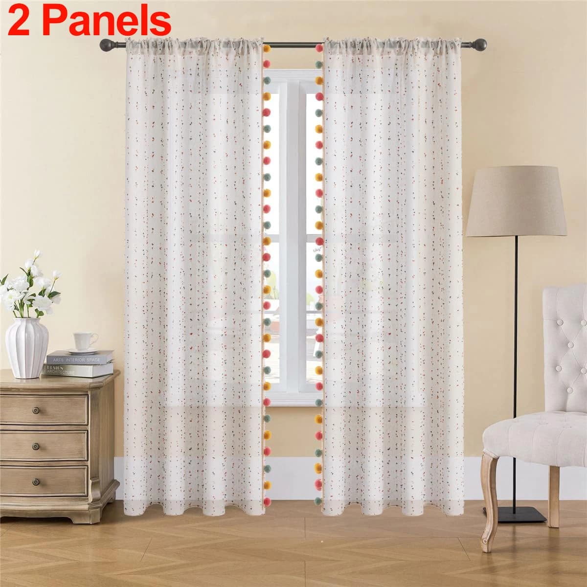 Rainbow Stripe Sheer Curtain Panels with Pompom Trim